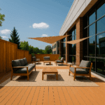 Commercial outdoor deck with wood flooring, modern patio furniture, shade sail, and privacy fence surrounded by greenery.