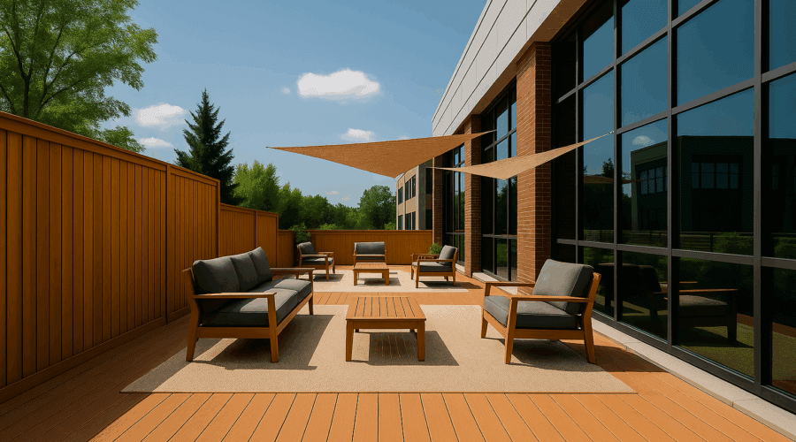 Commercial outdoor deck with wood flooring, modern patio furniture, shade sail, and privacy fence surrounded by greenery.