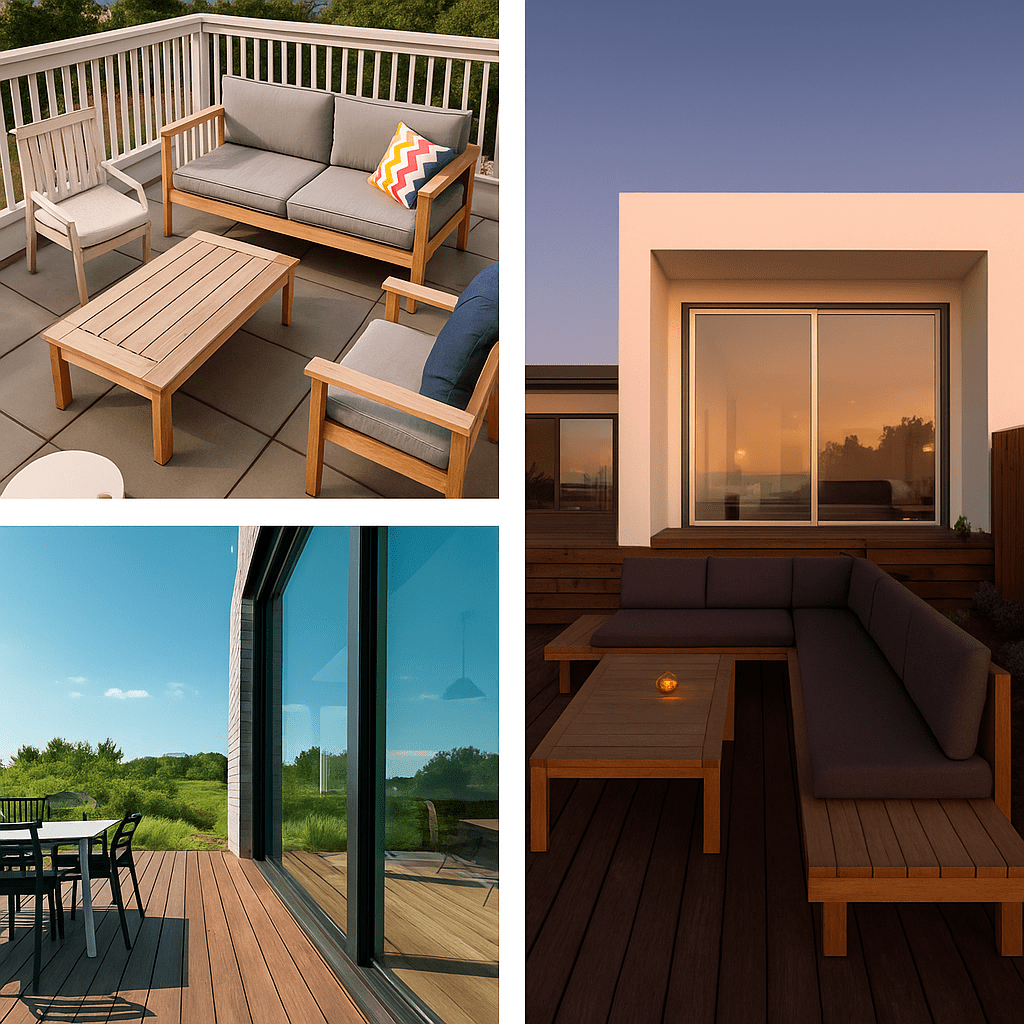 Collage of three outdoor spaces featuring modern wood decks, patio furniture, privacy fencing, and lush natural views — showcasing residential and commercial fence and decking projects.