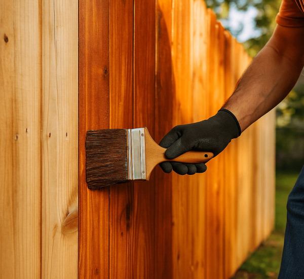Proceso de aplicación de sellador en una cerca de madera como parte del mantenimiento profesional para proteger contra la humedad, el sol y el desgaste natural.